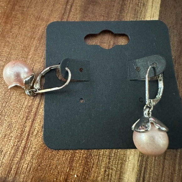 Pink Pearl Lever Back Earrings - Silver Tone - Picture 2 of 2